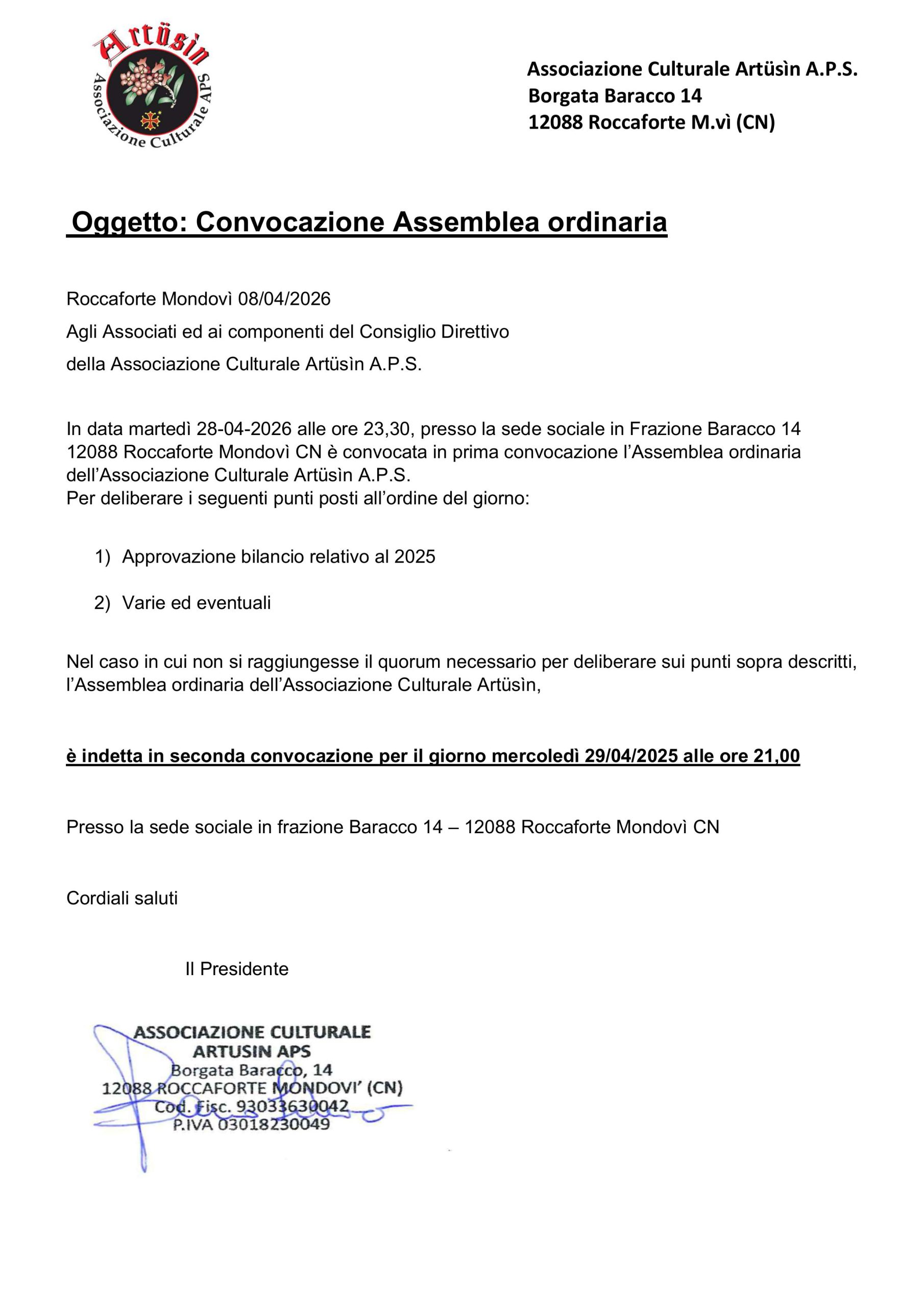 Scopri di più sull'articolo CONVOCAZIONE ASSEMBLEA ORDINARIA